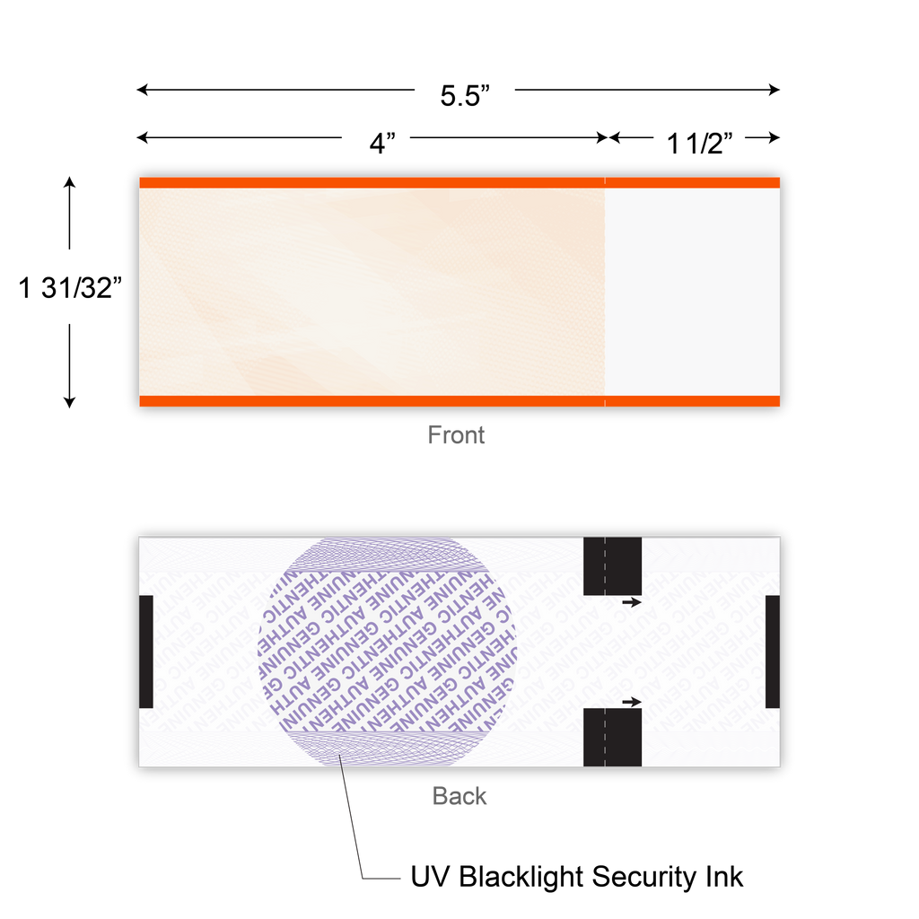 Back of thermal admission ticket stock with UV blacklight security mark