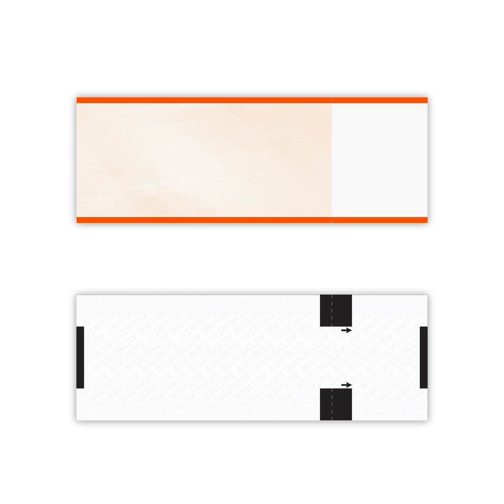 Actual orange thermal admission ticket stock showing front and back with detachable stub